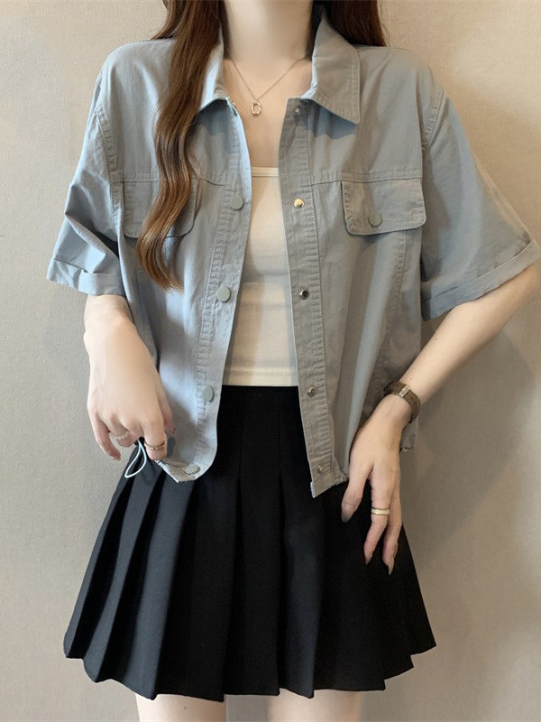 Workwear Style Sky Blue Short-Sleeve Shirt Jacket for Women, Summer 2025, Plus Size, with Drawstring Hem, Outerwear Cardigan
