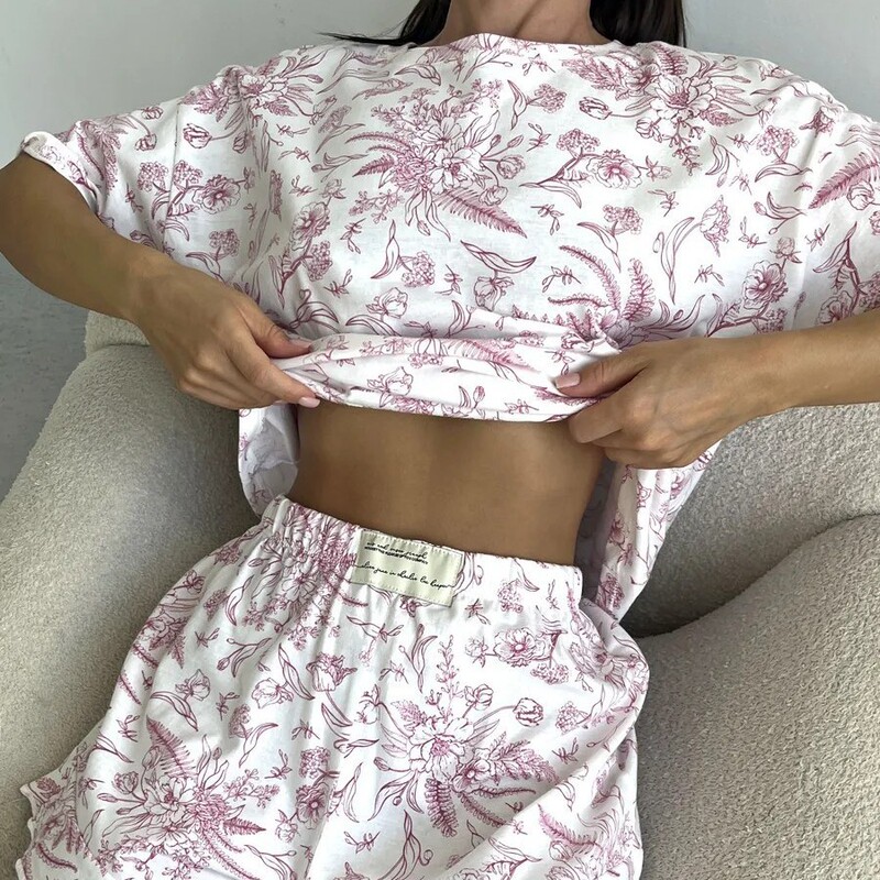 European and American Cross-border Women's Home Clothes Round Neck Short-sleeved Ruffled Shorts Knitted Printed Casual Pajamas Two-piece Set for Women