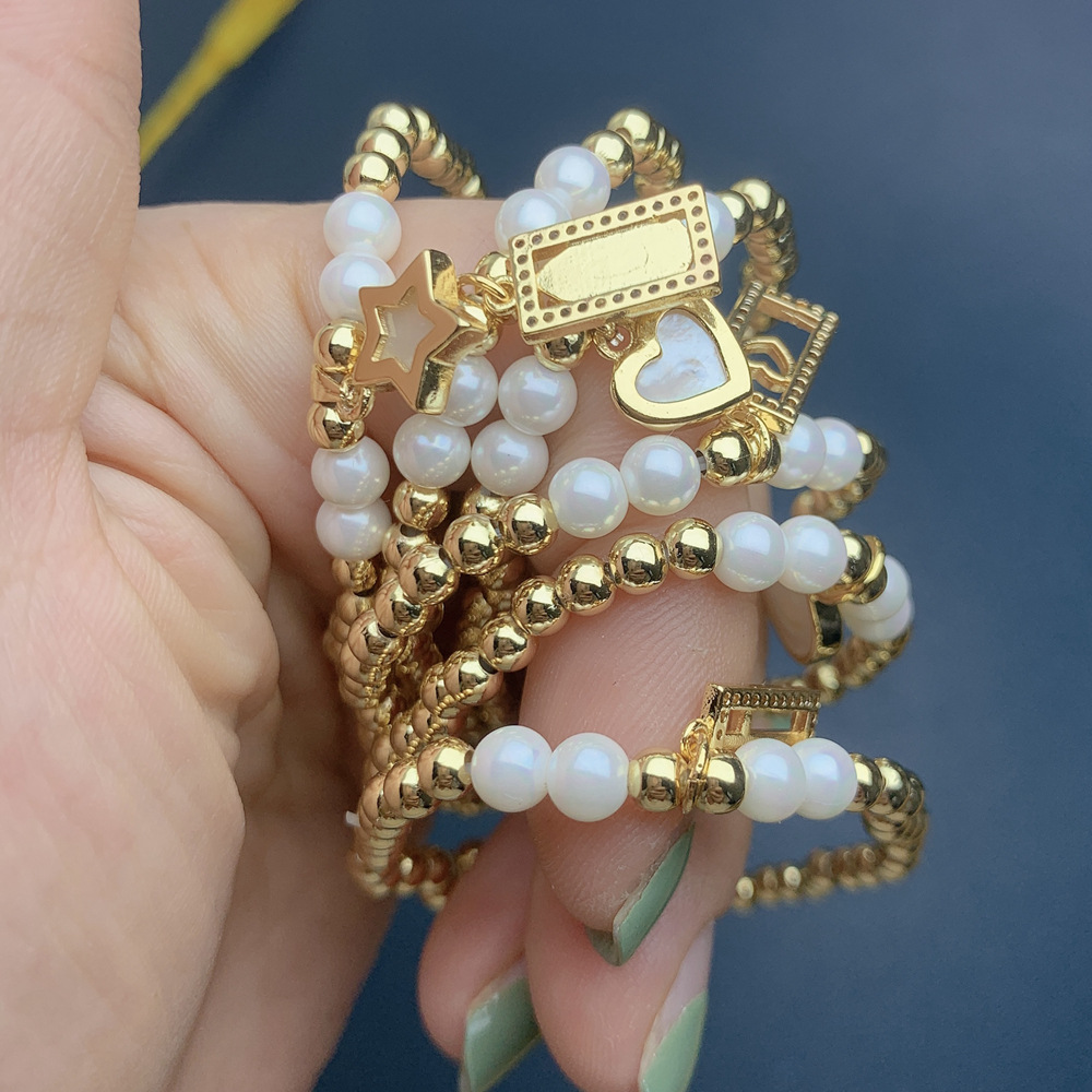 Fashion Star Heart Shape Smiley Face Copper Inlay Artificial Pearls Shell Zircon Bracelets