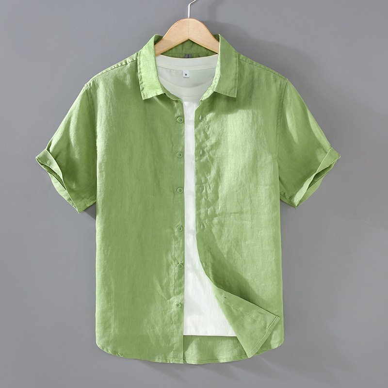 G195 Summer New Japanese Linen Men's Youth Casual Short-sleeved Shirt Small Square Collar Comfortable Breathable Shirt