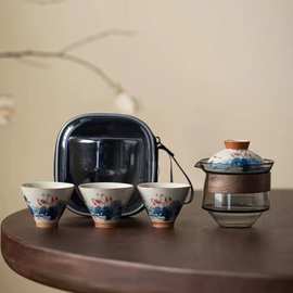 哥窑手绘旅行茶具套装便携式快客杯一壶三杯公司年会商务庆典礼品