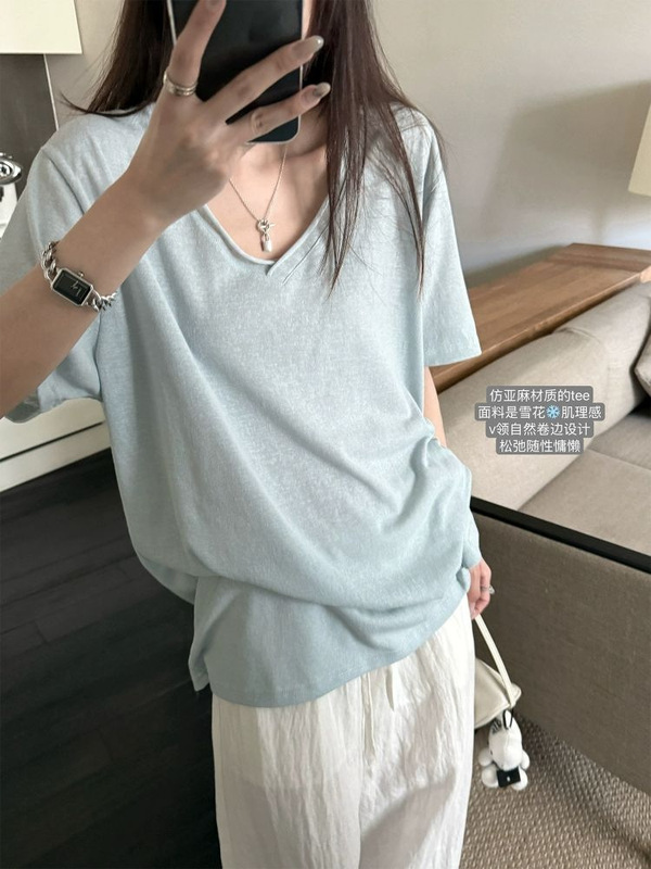 スーパーニニーミント&リラックススノーフレークテクスチャカールVネック半袖ルーズレイジーTシャツトップ女性用|undefined