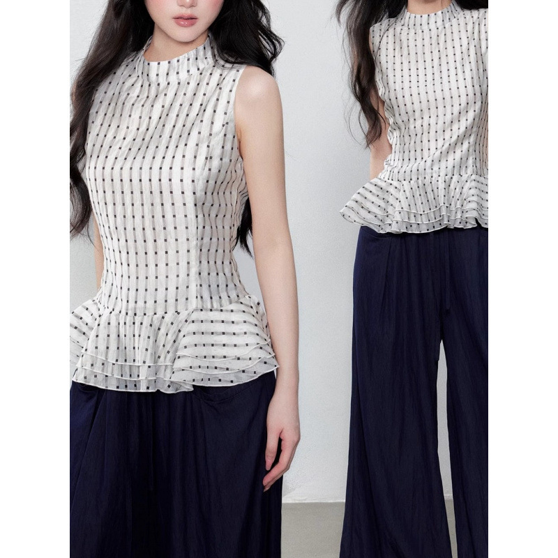 French-Style Casual Plaid Sleeveless Patchwork Lace Shirt 2026 Summer New Versatile Top