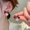 Red silver needle, retro demi-season earrings from pearl with bow, silver 925 sample, wide color palette