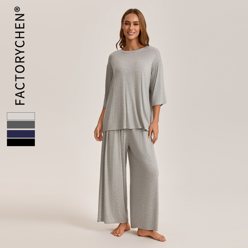 Spring and Summer New Loose Casual Solid Color Simple Large Size Round Neck Five-Quarter Sleeves Long-Sleeved Home Pajamas Set for Women