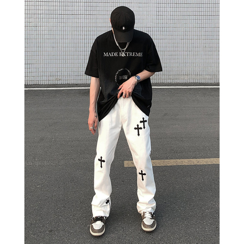 High-end jeans men's high-street ins tide spring and autumn all-match ruffian handsome American straight pants black pants