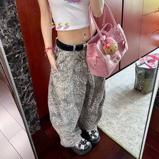 辣妹慵懒松弛感豹纹弯刀牛仔裤女小众遮肉宽松ins风香蕉裤潮流女