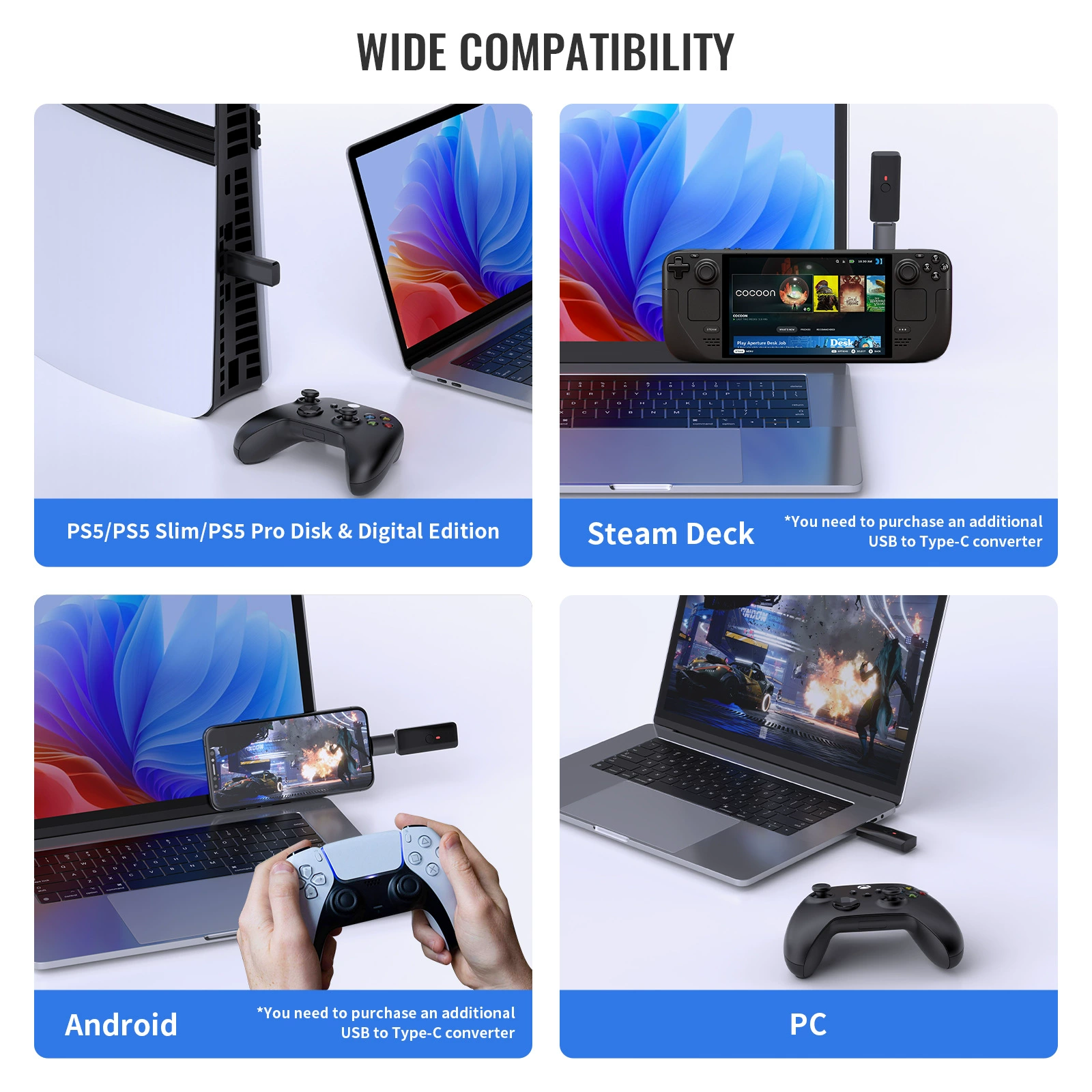 Преобразователь контроллера JYS для PS5, Bluetooth-адаптер для PS5, подключение проводное/Bluetooth к PS4/SWITCH/PC