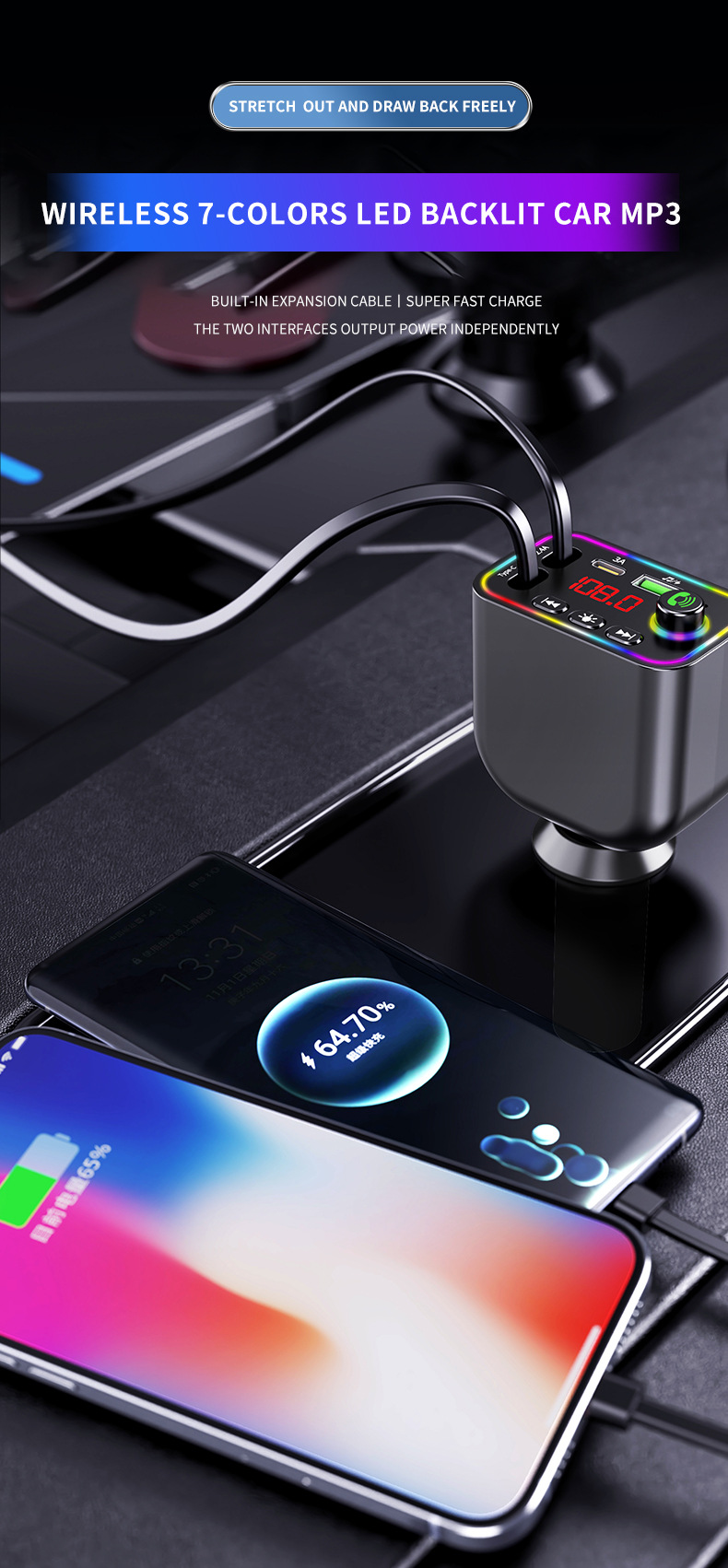 Y4 Factory Wholesale Car Mp3 Bluetooth Fm Transmitter Private Model Fast Charging Car Charger Cross-Border New Product