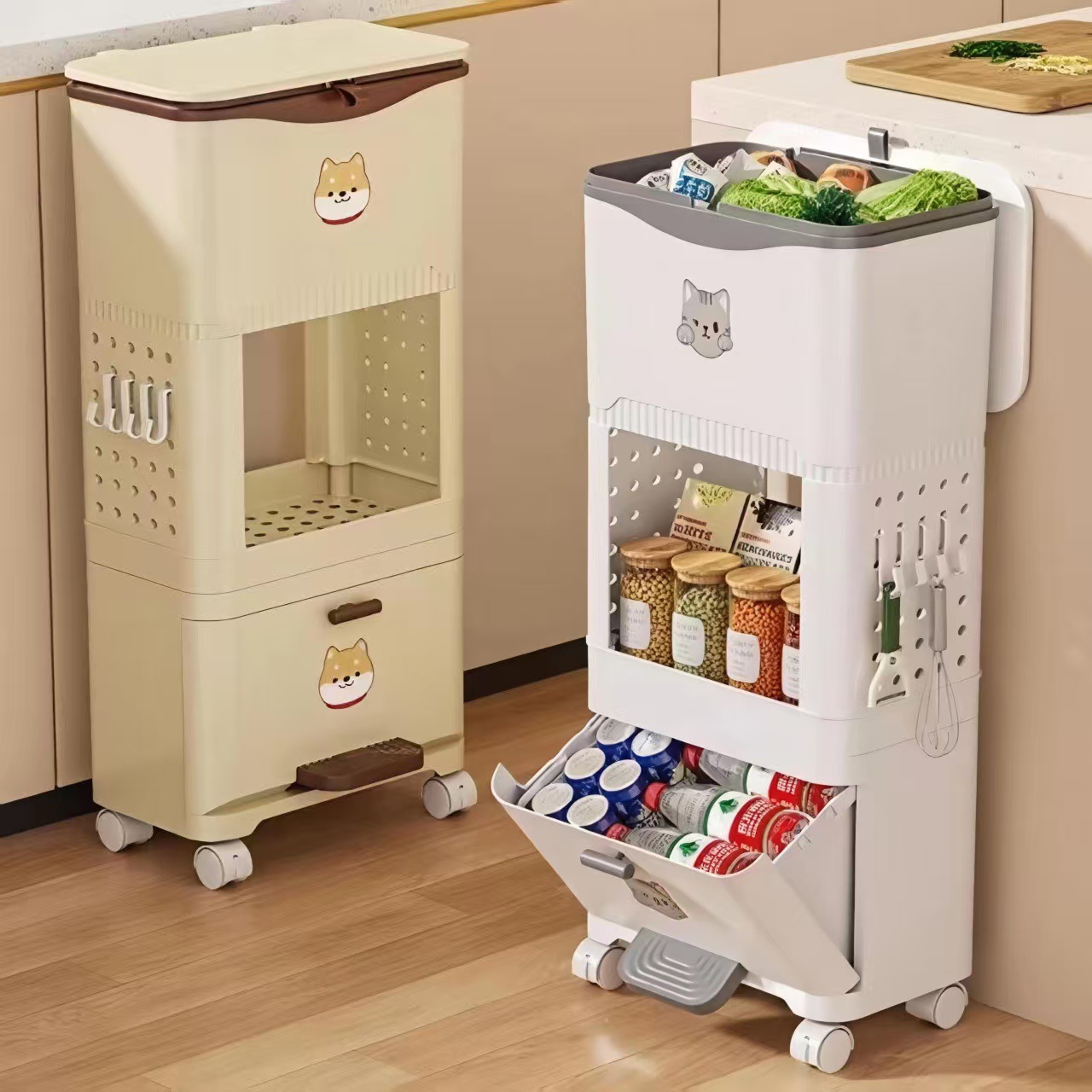 Cubo de basura de cocina sin doblar cubierta deslizante cubo de limpieza doméstico multicapa piso móvil estante de almacenamiento grande gabinete de almacenamiento