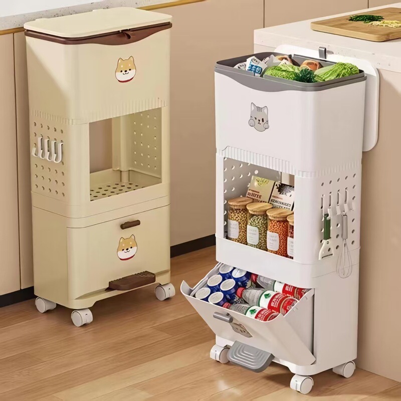 Trash Can Kitchen Bend-Free Sliding Cover Cleaning Bucket Household Multi-Layer Floor-Standing Removable Storage Rack Large Storage Cabinet