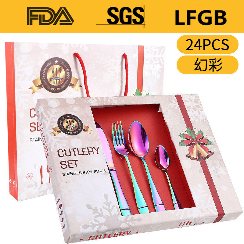 Amazon popular vajilla de acero inoxidable 24 piezas traje 1012 cuatro piezas principales cuchillo de comida occidental, tenedor y cuchara traje de caja de regalo de Navidad