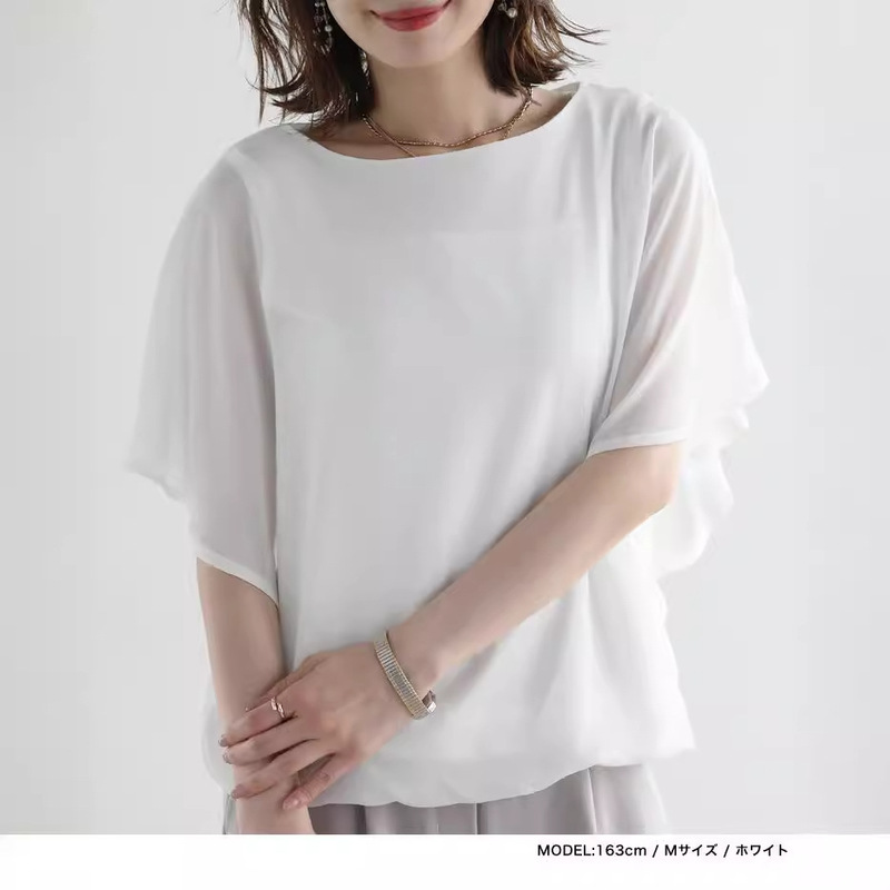 日本と韓国のロッテ 2025 夏の新作ノースリーブバットルーズラウンドネックカジュアル万能シフォンシャツ|undefined