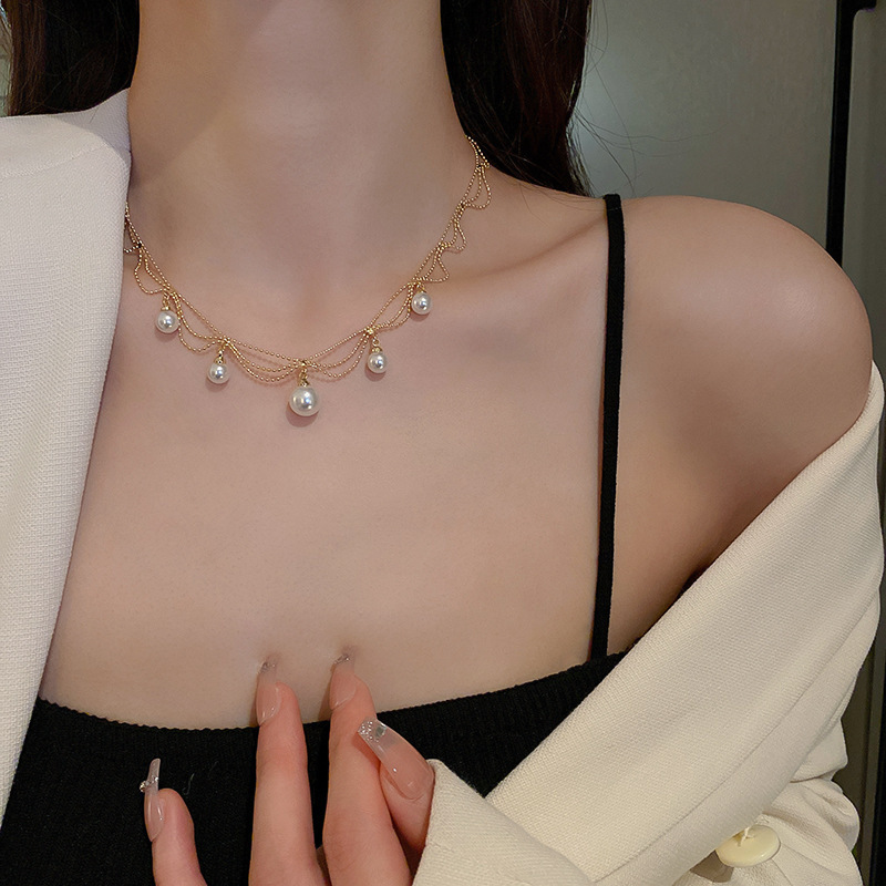 ダイヤモンド楕円二重バロック真珠ネックレス女性フランスレトロ気質鎖骨チェーンファッション高級感アクセサリー|undefined