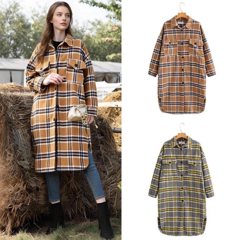 Za Export Cross-Border Spot Wholesale European and American Style Women's Autumn and Winter Popular Fashion Plaid Woolen Outwears