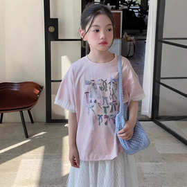 女童粉色2026蝴蝶结印花短袖T恤夏季儿童小女孩洋气上衣独特