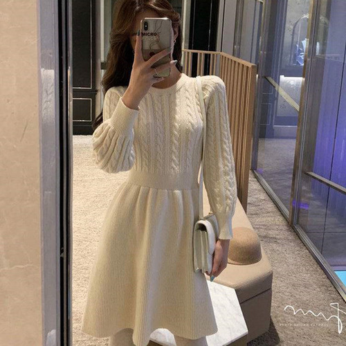Knitted Dress for Women - Spring Style, Korean Version, Fitted Waist, Slimming Base Knit Sweater Dress, European and American Style