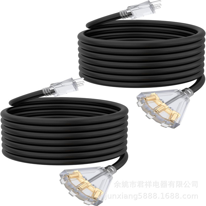 美规扫把透明插头延长5-15P 至 3*5-15R 户外延长线带 3 个插座