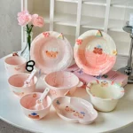 釉下彩甜心小熊陶瓷餐具套装手绘粉色少女心陶瓷餐具可爱立体碗盘
