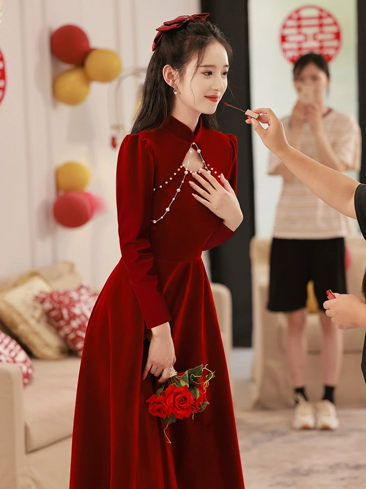 Summer evening dress, red velvet long cheongsam, wedding dress