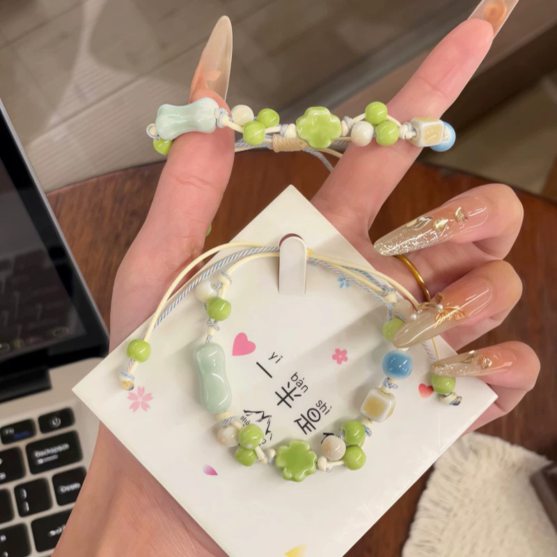 Lucky Four-Leaf Clover Ceramic Bracelet for Women, Unique and Aesthetically Pleasing, Handmade Woven Couple's Bracelet, Ins-Style, Adjustable Lucky Four-Leaf Clover Ceramic Bracelet for Women, Unique and Aesthetically Pleasing, Handmade Woven Couple's Bracelet, Ins-Style, Adjustable