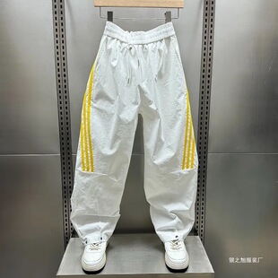 Summer Thin Quick-Dry Casual Pants Men's Striped Color-Block Wide-Leg Fashion Snap Cuff Long Pants