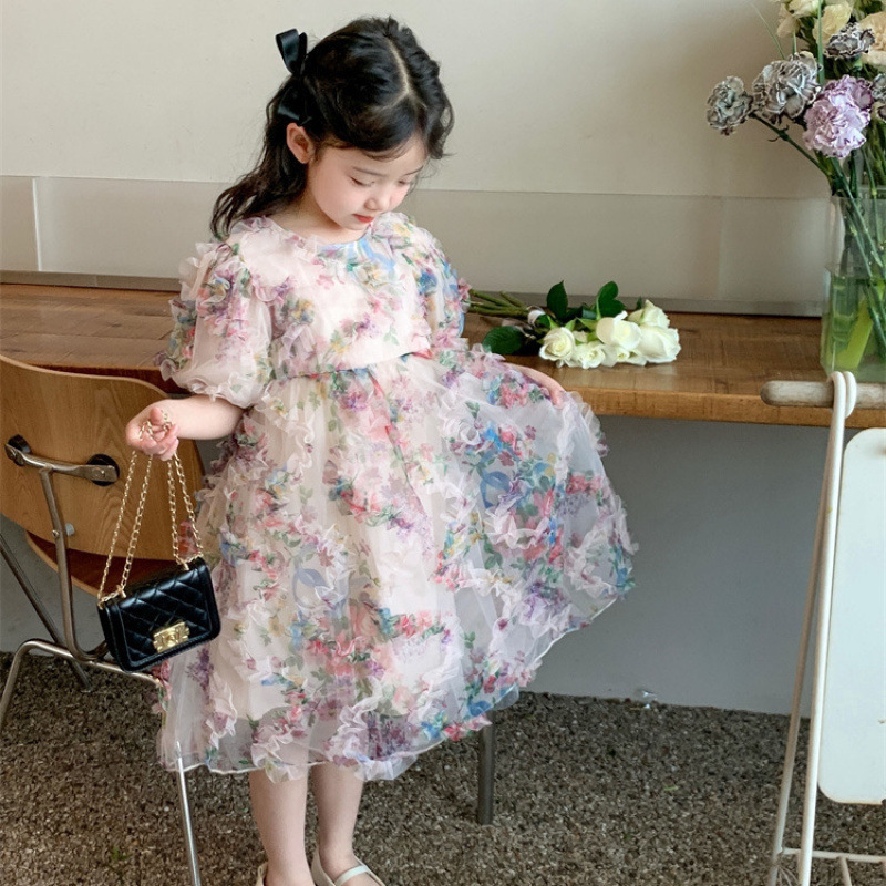 Girls Summer Dress New Children's Three-Dimensional Skirt Summer Flower Fairy Princess Dress Fashionable Floral Puff Sleeves