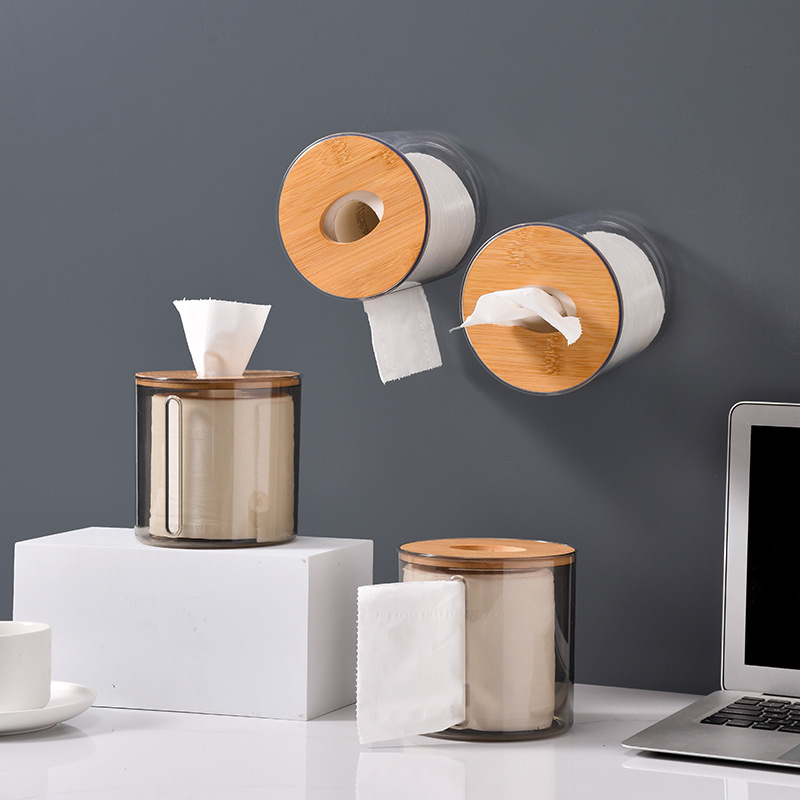 Cubierta de madera de bambú caja de pañuelos de lado redondo creativo doble bombeo tubo de papel cocina baño rollo de papel tubo de almacenamiento
