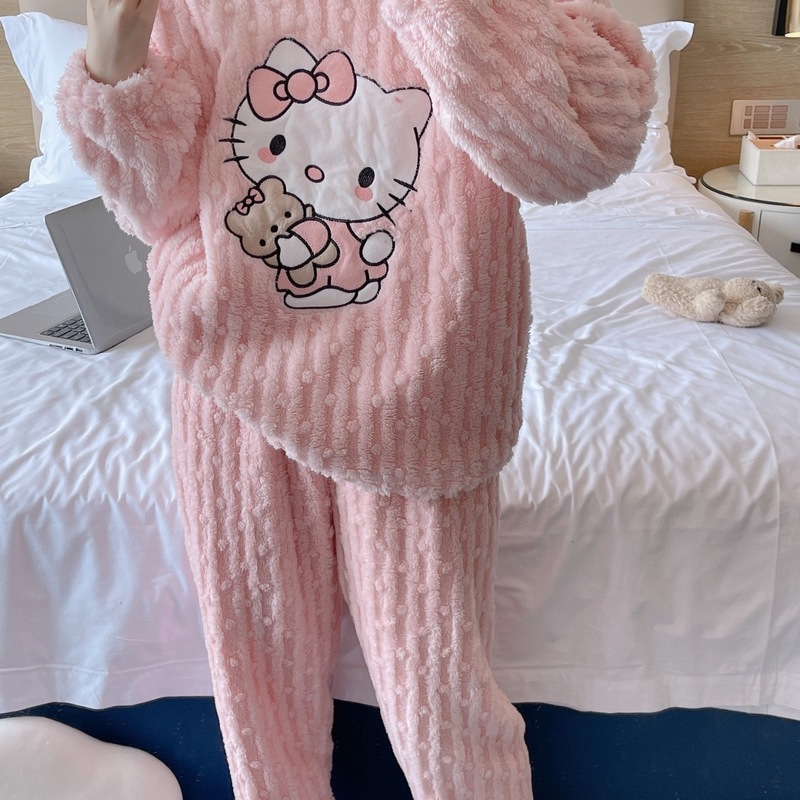 卡通猫珊瑚绒睡衣女2025冬季新款加绒加厚家居服冬季保暖长袖套装|undefined