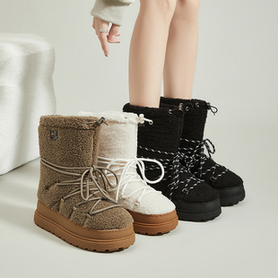 Amiu Thick-Soled Pleated Snow Boots for Women 2025 Winter New Thickeneded Non-Slip Warm Cotton Shoes Mid-Calf Ski Shoes