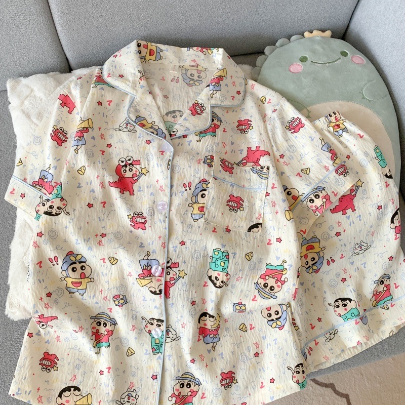 Nube de algodón pareja pijama niñas verano nuevo suelto delgado pantalones cortos de mangas cortas dos piezas impresas ropa para el hogar