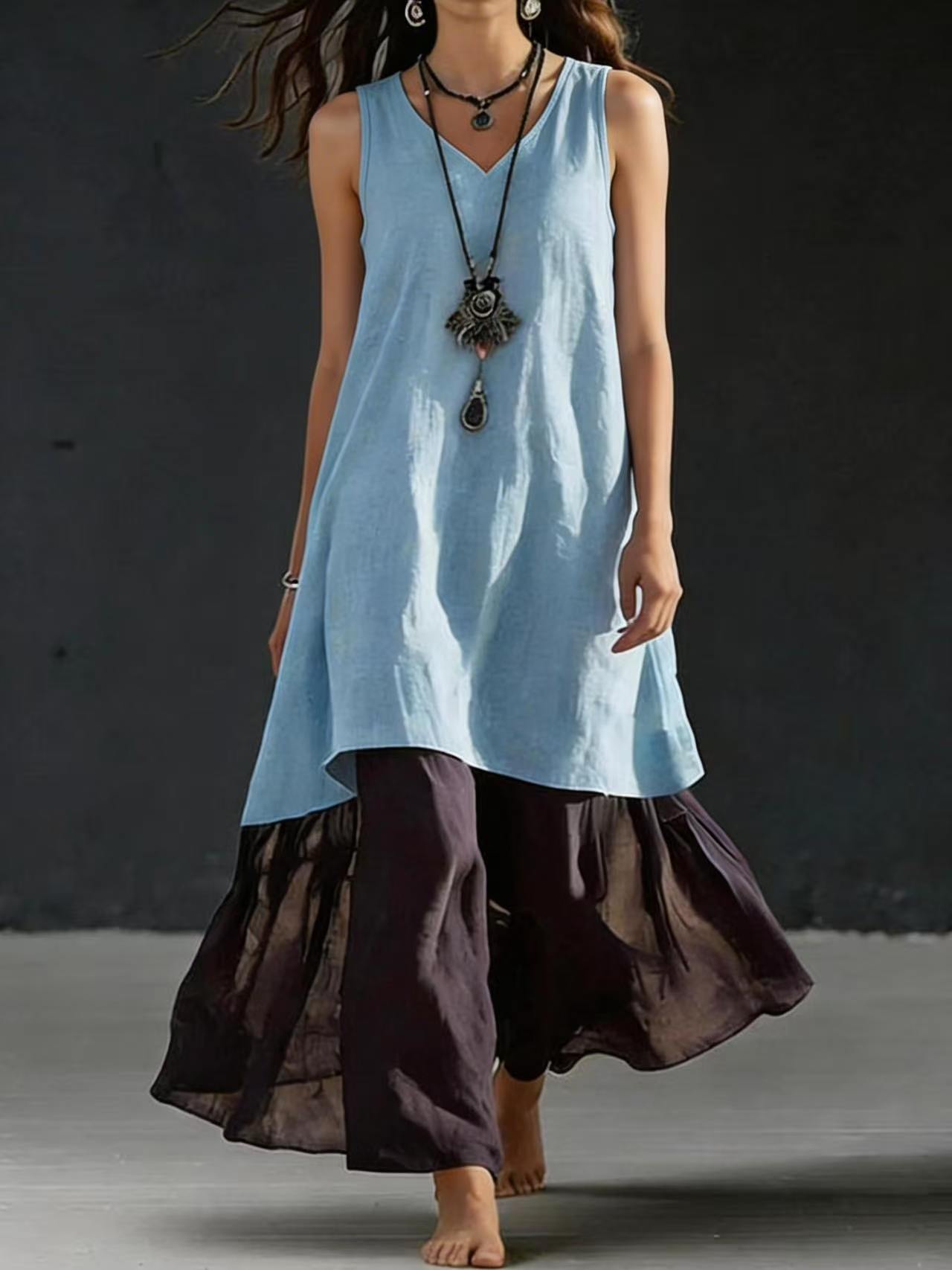Europa y los Estados Unidos primavera y verano transfronterizos temu color sólido vestido largo suelto sin mangas V-collar chaleco casual vestido de mujer