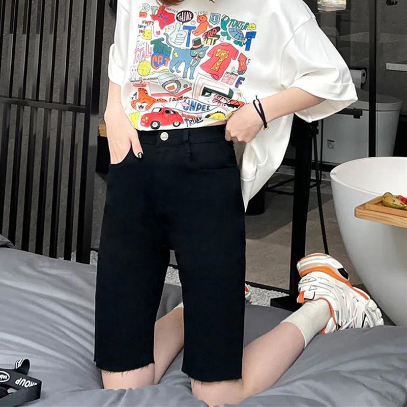 Raw Edge Cycling Pants Women's 2025 New Summer Thin Style Simple High Waist Tummy Control Fashionable Slim Denim Shorts