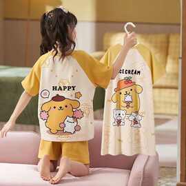新款中大童薄款女童睡衣夏季2026家居服儿童短袖空调服三件套装