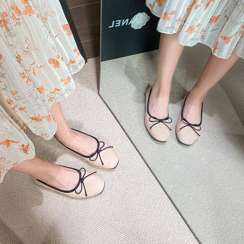 Su Yinyin's same style~soft~small fragrant bow square toe shallow mouth ballet flats for women