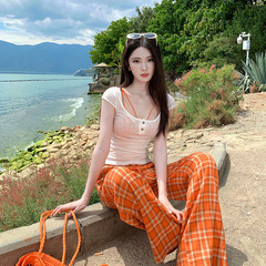 复古辣妹海边度假穿搭女夏季格子阔腿裤高腰长裤吊带胸垫抹胸套装