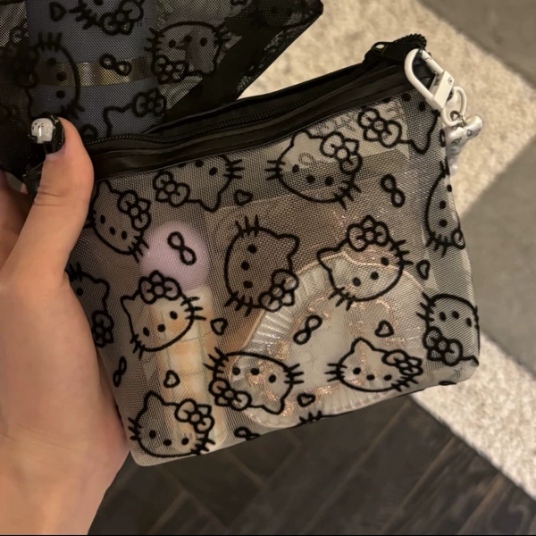 White kitty flocked makeup bag small