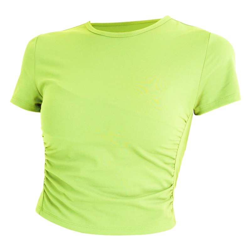 Camiseta de yoga original de fábrica, nueva colección de verano para mujer, cuello redondo, manga corta, elástica, transpirable, deportiva, ajustada, al por mayor.