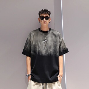 Hip-Hop Retro Tie-Dye T-Shirt Men's Extra Large Size European and American Street Fashion Brand Gradient Short-Sleeved T-Shirt Men's Loose Loose Top