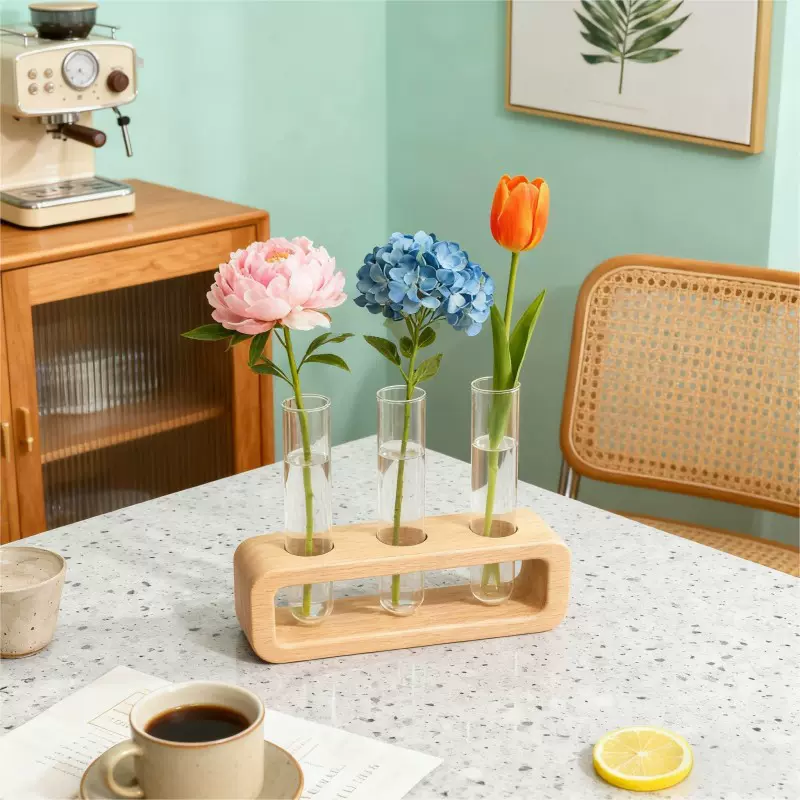 三座榉木底座花瓶创意桌面木质摆件北欧办公桌试管玻璃管实木底座