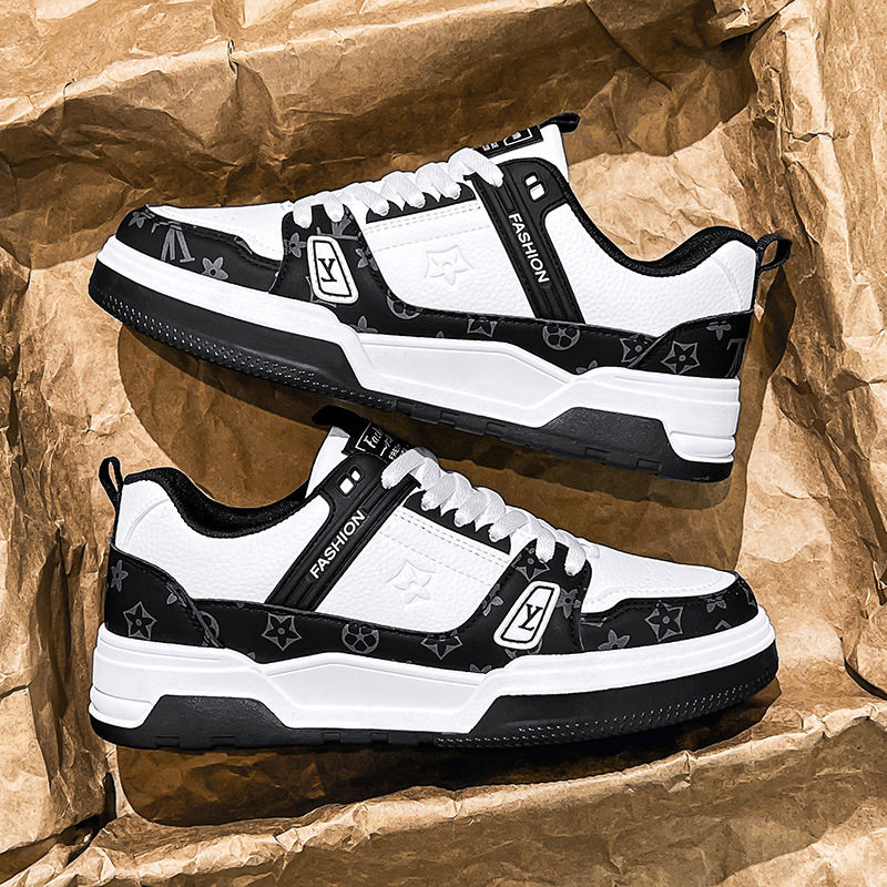 Giày sneaker nam da nhân tạo phối màu, đế bằng gót thấp 1–3 cm, dây buộc — Màu trắng màu cachi, Xanh trắng, Đen trắng