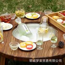 诧寂风老榆木冰茶桌夏季下午茶冰饮水果小圆桌冬日聚会火锅围炉桌