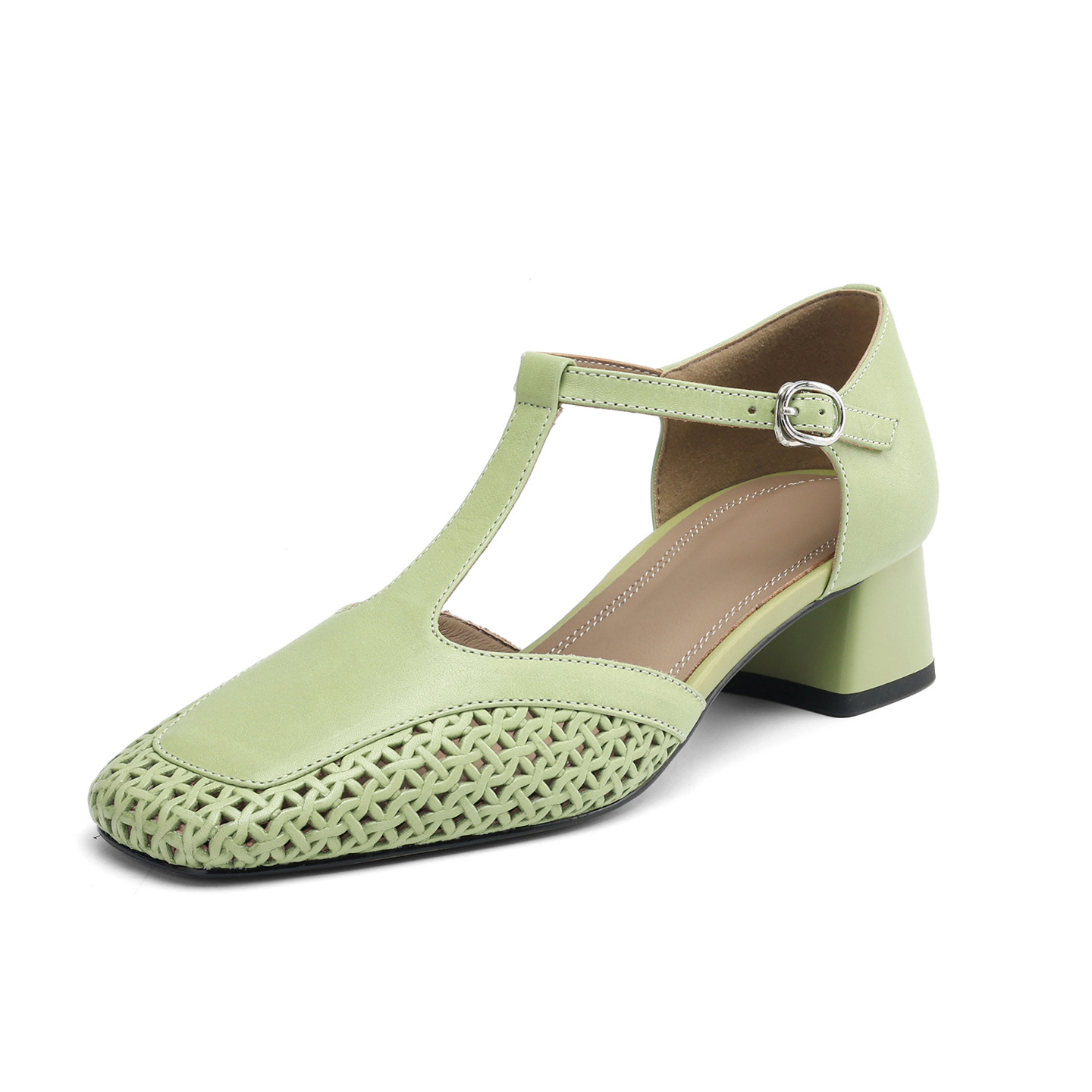 Sandal quai chữ T bít mũi da bò lớp đầu gót thô 4cm đục lỗ thoáng khí — Màu đen