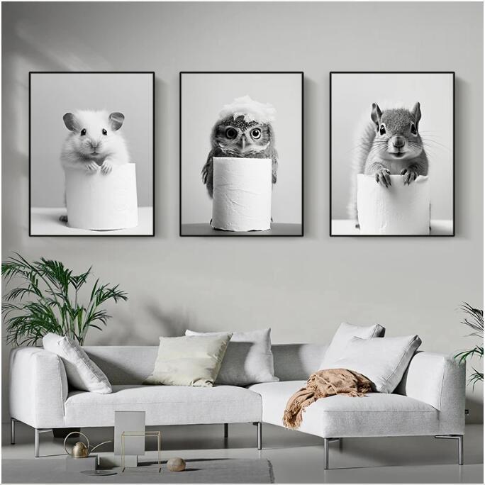 Negro y blanco adorables animales con papel higiénico póster búho perro lienzo pintura de pared arte baño sala de estar decoración del hogar