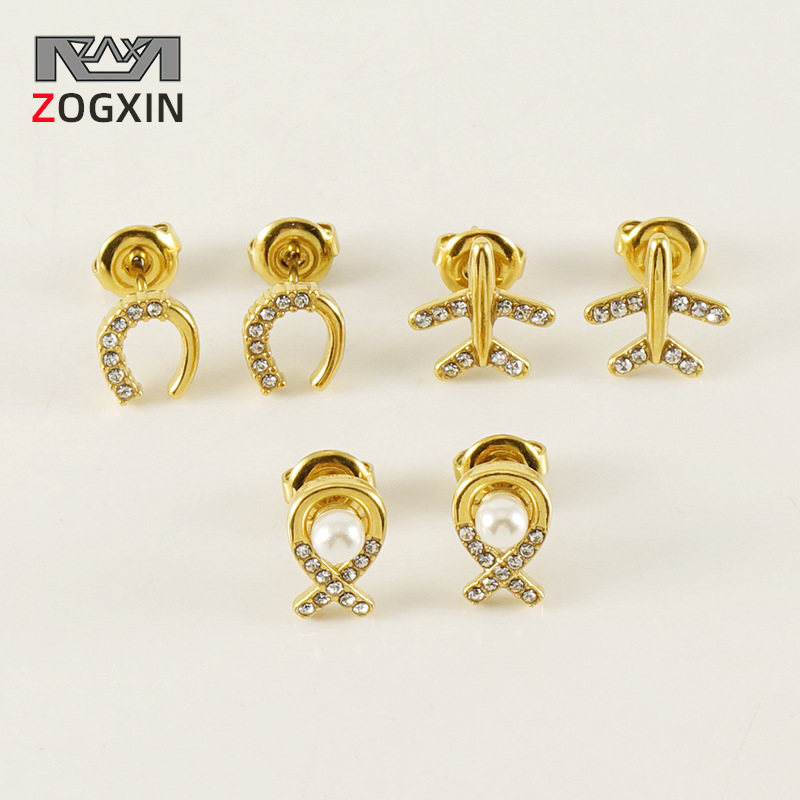 Pendientes de perlas elegantes simples de acero inoxidable 18K para mujeres pendientes de aviones tridimensionales de diamante de acero de titanio de moda de estilo europeo y americano