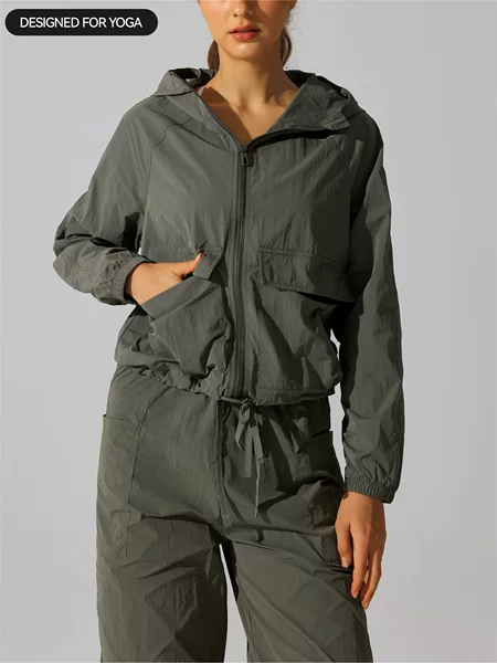 Cross-Border Windproof and Waterproof Jacket, Anti-Uv Fitness Running Sports Jacket, Hooded Drawstring Lightweight Top for Women