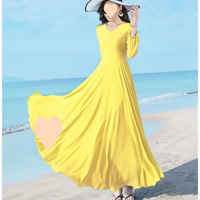 Large Solid Color Collar Mid-Length Chiffon Dress Slimming Holiday Beach Dress Dance Dress Large Size Over-The-Knee Long Dress