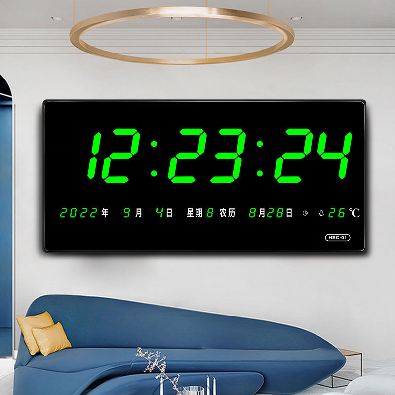 河創大画面ledデジタル電子万年暦客間掛け時計静音夜光緑字時計HEC-01|undefined