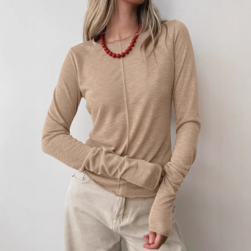 2025 autumn and winter European and American round-neck knitted bottomed shirt for women's simple fashionable splicing with white long-sleeved top for women's wear