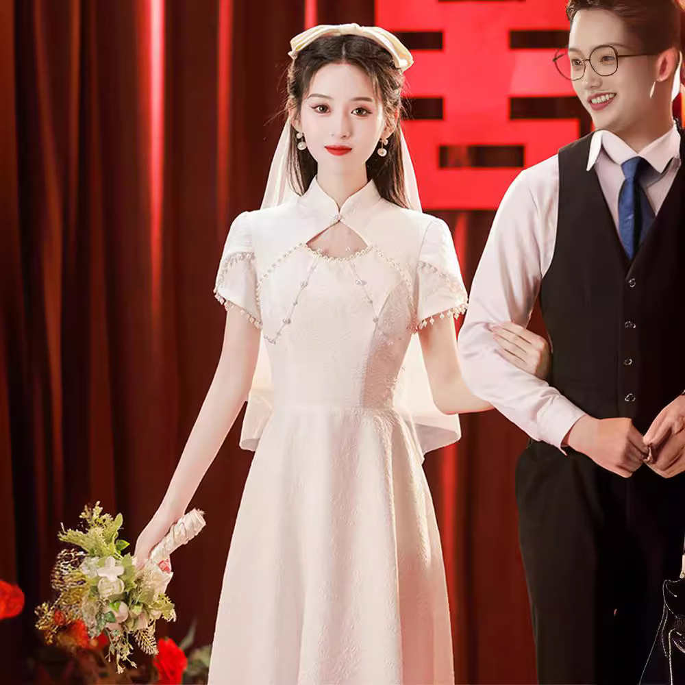 Cheongsam Evening Dress Women's Light Luxury Niche High-end French High-end Sense License Registration White Engagement Dress dress